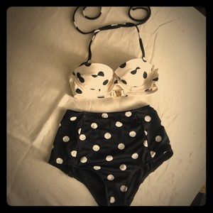 Black + White Polka Dot High Waist Bikini Sz2